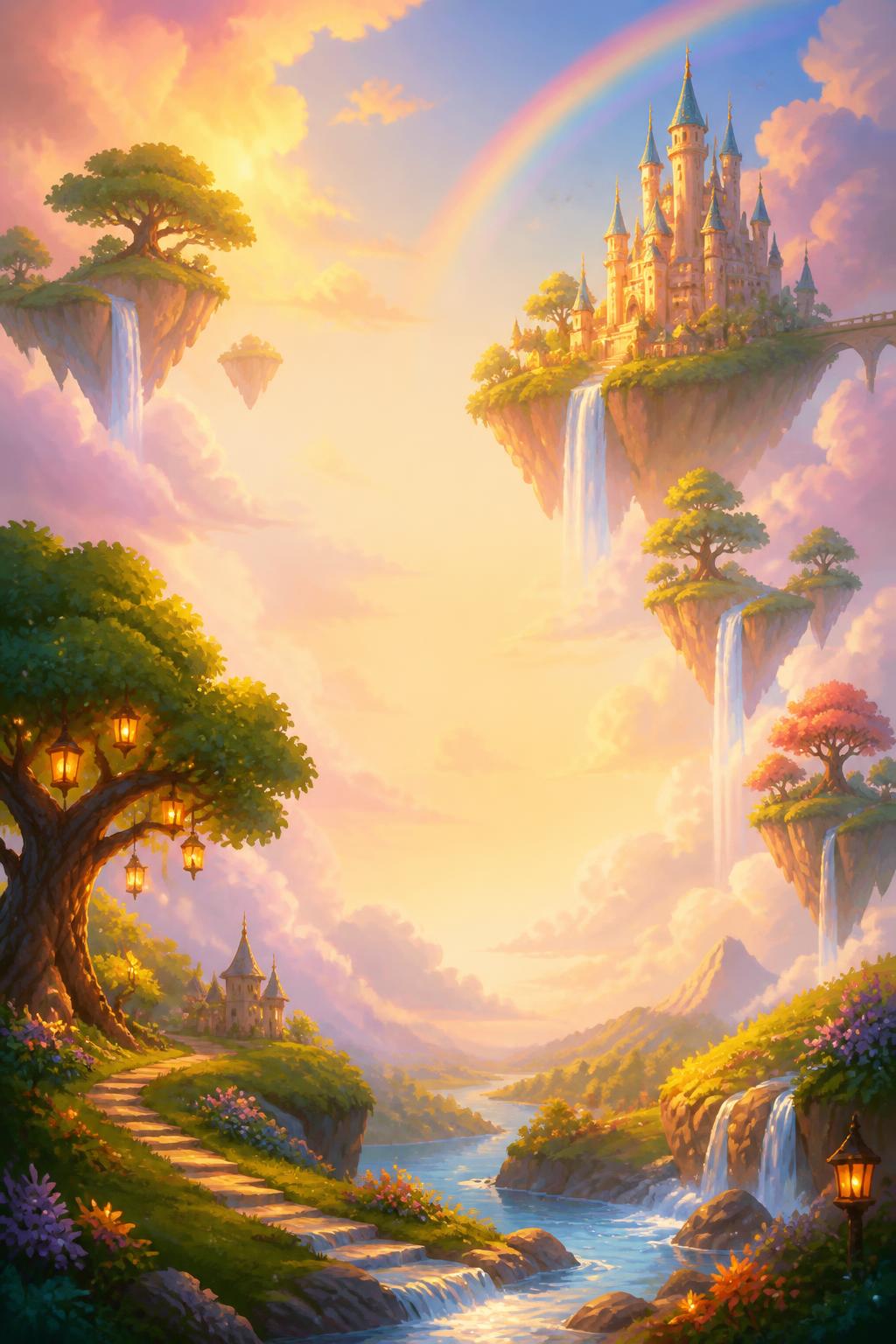 Illustrated HarfLand kingdom with floating islands, waterfalls and a magic castle